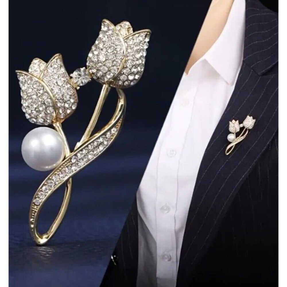 Gold Rhinestones Tulip FLOWER Pearl Brooch Flowers Tulips